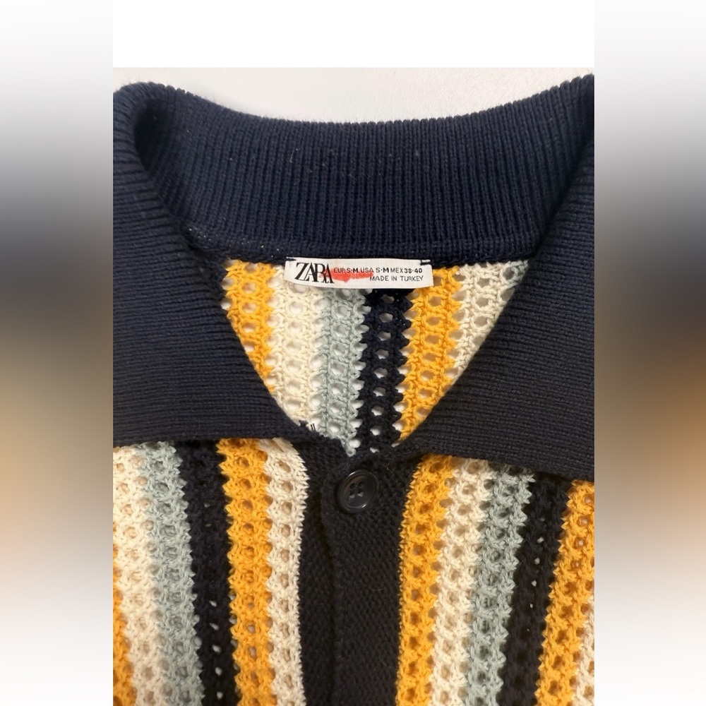 Zara Men’s Crochet Knit Short Sleeve Collared Polo 100% Cotton Small Blue Yellow